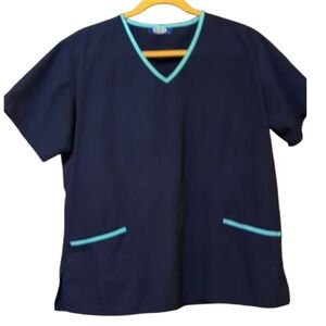 Scrub top. Navy blue with teal piping.